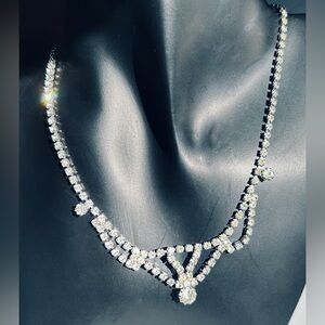Vintage 1950s Rhinestone Necklace Silver Tone